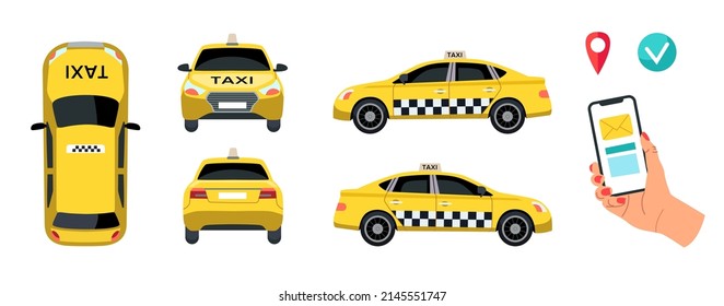 Conjunto de ilustraciones vectoriales de elementos de servicio de taxi. Taxi taxi superior, lateral, retrospectiva y frontal, marcas de ubicación, teléfono de mano, auto amarillo aislado en fondo blanco. Viajar, concepto de transporte