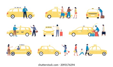 Taxi Service. Family In Car, Isolated Woman Man Travel To Airport Or Railway Station. Tourist Transportation App, Personal Auto For Businessman, Recent Vector Set