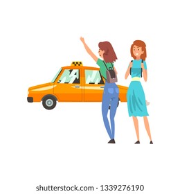 Taxi Service, Female Clients Hailing a Taxi Car Cartoon Vector Illustration