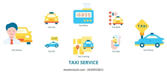Taxi Service Flat Banner Web Icon Set Vector Illustration