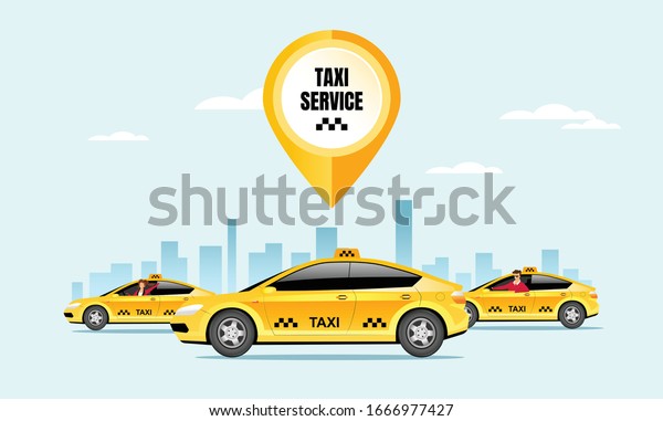 Taxi service flat color vector illustration.\
Yellow cab driver 2D cartoon character with cityscape on\
background. Express car delivery, professional passenger\
transportation service. City\
travel