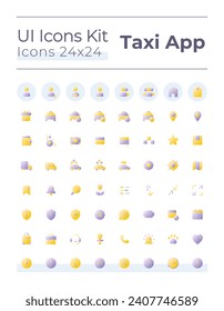 Taxi service flat gradient two-color ui icons set. Urban vehicle order. Technology for business. Vector isolated RGB pictograms. GUI, UX design for web, mobile. Montserrat Bold, Light fonts used