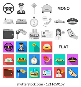 Taxi service flat icons in set collection for design. Taxi driver and transport vector symbol stock web illustration.