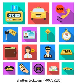 Taxi service flat icons in set collection for design. Taxi driver and transport vector symbol stock web illustration.