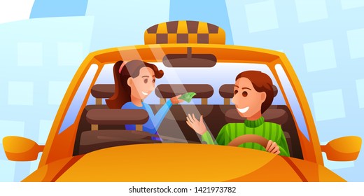 Taxi service flat vector illustration. Female passenger giving money to driver, paying for transportation cartoon characters. Carpooling, ride sharing deal. Yellow cab in city isolated clipart