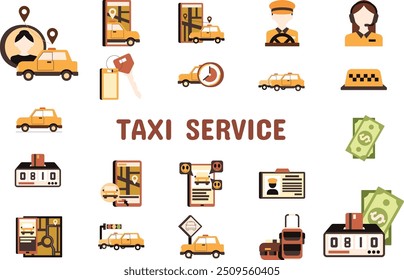 Servicio de taxi Ilustración vectorial plana Icon Set de pegatinas Materiales de diseño