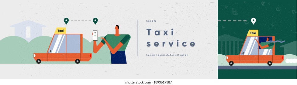 Taxi service, get a taxi. People and technology in the modern world. Vector illustration. Web size and cover. Minimalistic style for animation and presentations.