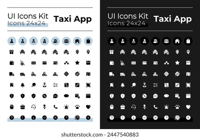 Taxi service glyph ui icons set for dark, light mode. Urban transport. Silhouette symbols for night, day themes. Solid pictograms. Vector isolated illustrations. Montserrat Bold, Light fonts used