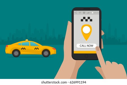 Taxi service. Hand hold mobile phone.Vector illustration.Yellow symbols. Woman orders a taxi from his cell phone. Calling Taxi message on a mobile phone screen. Car booking service.Blue background.