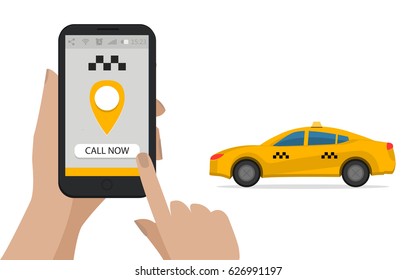 Taxi service. Hand hold mobile phone. Vector illustration. Yellow car. Mobile app for booking service. Calling Taxi message on a mobile phone screen. isolated on white.