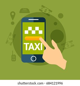 Taxi service. Hand hold mobile phone. Vector illustration. Mobile app for booking service. Calling Taxi message on a mobile phone screen.