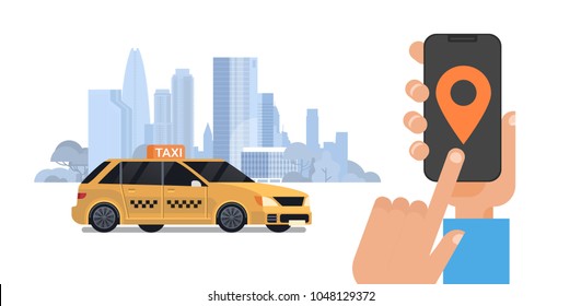 Taxi Service, Hand Holding Smart Phone Order Cab With Mobile App Over Silhouette City Background