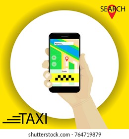 Taxi service. Hand with smartphone gps navigation searching for taxi in application. Red marker. Vector. Yellow background.