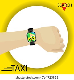 Taxi service. Hand with smartwatch gps navigation searching for taxi in application. Red marker. Vector. Yellow background.