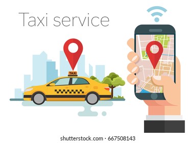 Taxi service. Hands with smartphone and application, city silhouette with tower, Vector illustration. Flat design.