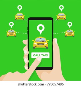 Taxi service. Hands with smartphone and taxi application.