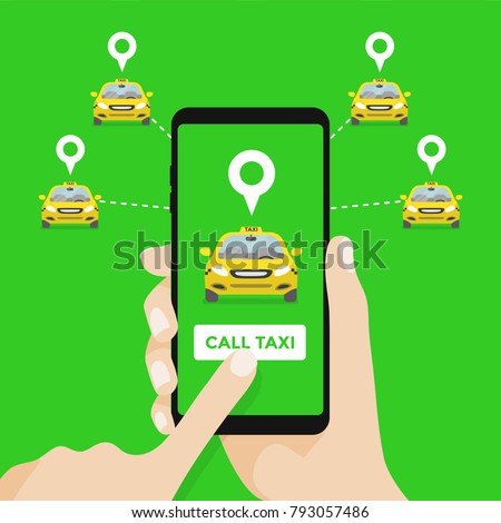 Taxi service. Hands with smartphone and taxi application.