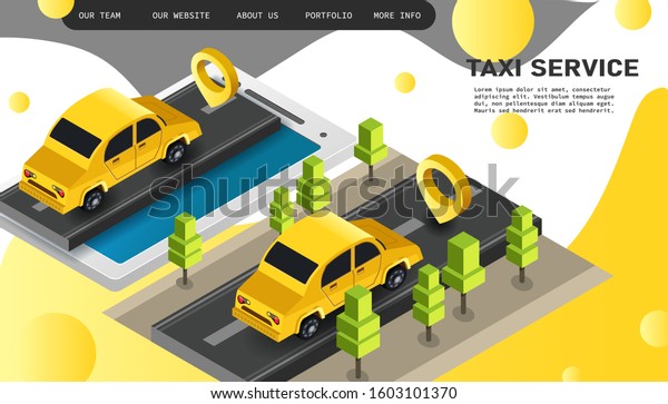 Taxi service. Home page for web projects and\
sites, presentations, design of your products and other materials.\
Comprehensive isometric illustration depicting taxis, roads and\
trees.