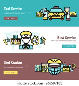 Taxi service horizontal banner set with transportation elements isolated vector illustration