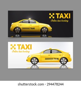 Taxi service horizontal banner set with yellow cars with reflection isolated vector illustration