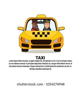 Taxi Service Icon Driver And African American Woman Passenger In Yellow Cab Automobile Car Over Background With Copy Space