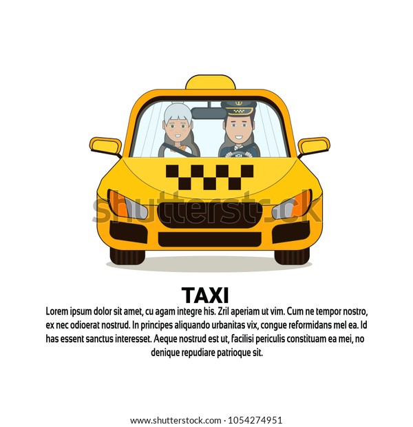 Taxi Service Icon\
Driver And Female Passenger In Yellow Cab Automobile Car Over\
Background With Copy\
Space