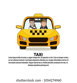 Taxi Service Icon Driver And Male Passenger In Yellow Cab Automobile Car Over Background With Copy Space