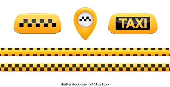 Taxi service icon set. Taxi car map pin, ribbon and roof lamp. Yellow signs of taxi stop place. Vector ESP10