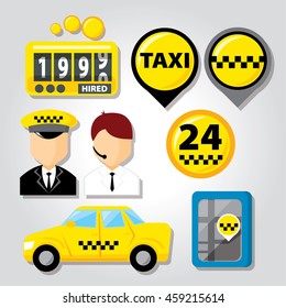 Taxi service icon set with equipment tools for operation of taxi and people workers in service vector illustration