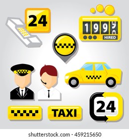 Taxi service icon set with equipment tools for operation of taxi and people workers in service vector illustration