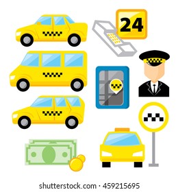 Taxi service icon set with equipment tools for operation of taxi and people workers in service vector illustration