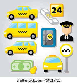 Taxi service icon set with equipment tools for operation of taxi and people workers in service vector illustration