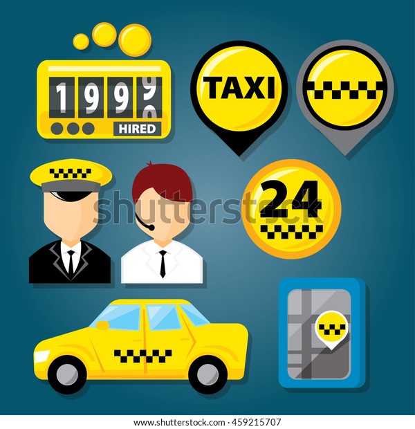 Taxi\
service icon set with equipment tools for operation of taxi and\
people workers in service vector\
illustration