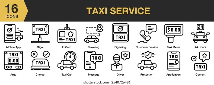 Symbolsatz für Taxi-Service. Beinhaltet Schild, Fracht, Fahrer, Ausweis, Auswahl, Taxi-Auto, und mehr. Gliederungssymbole, Vektorsammlung.