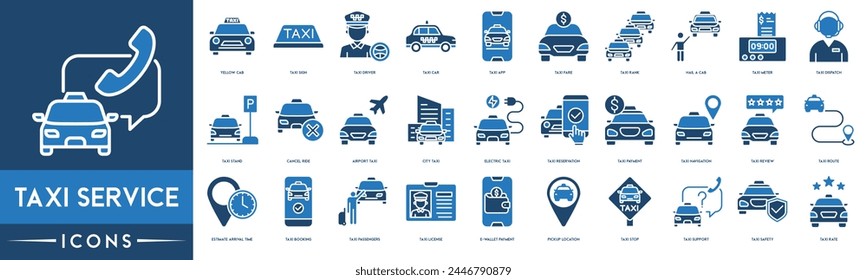 Taxi Service icon. Yellow Cab, Taxi Sign, Driver, Car, Taxi App, Fare, Rank, Hail a Cab, Taxi Meter and Dispatch icon set.