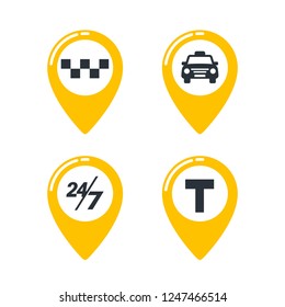 Taxi service icons. Taxi map pins with checkers, taxi car, T-sign and twenty-four seven sign on white background. lat style Vector illustration
