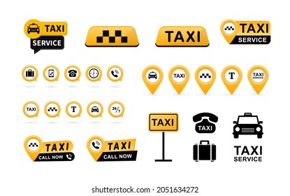 Taxi service icons set. Taxi signs. Taxi map pointer. Stylish set of logos icons and stickers. Vector illustration. EPS 10