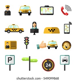 Taxi Service Icons Set. Symbols Of Passenger Public Transportation And Transport: Cab And Map, Yellow Car And Driver, Route, Dispatcher And Traffic Light. Vector Flat Design Isolated Elements