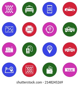 Taxi Service Icons. White Flat Collection In Circle. Vector Illustration.