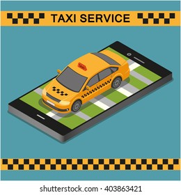 Taxi service illustration in isometric style. Flat 3d isometric high quality car taxi and phone. Isometric yellow taxi. 
