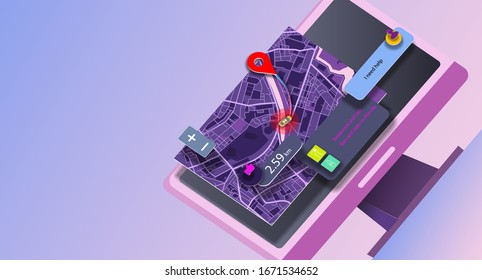  Interfaz de servicio de taxi en el espacio en la pantalla del ordenador de la oficina. Banner vectorial