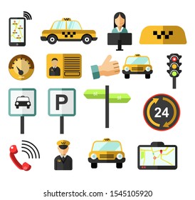 Iconos aislados del servicio de taxi, pedido de auto por llamada o vector de aplicación móvil. Operador y velocímetro, licencia de conducir y semáforo, señalización de carreteras y conductor. Navegador con mapa de navegación y cabina amarilla