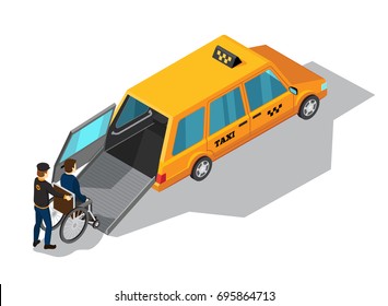 Taxi service isometric design concept with yellow taxi car designed for transportation of persons with disabilities vector illustration 