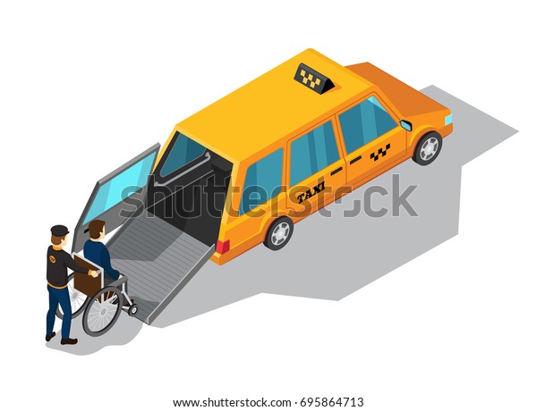 Taxi service isometric design concept with yellow taxi\
car designed for transportation of persons with disabilities vector\
illustration 