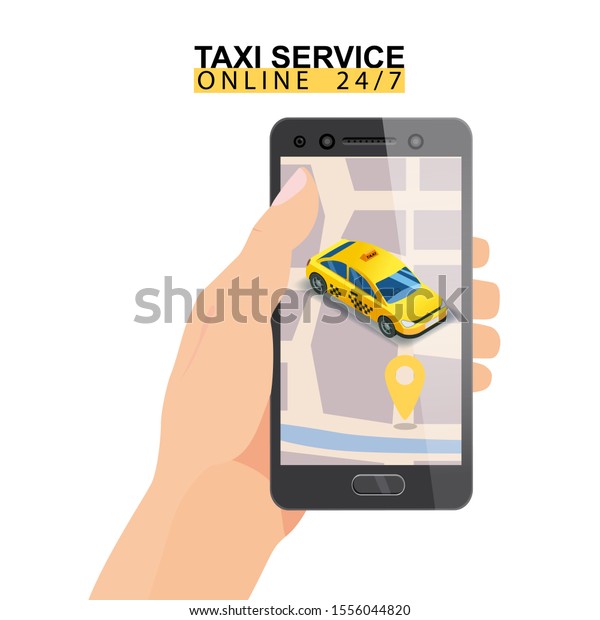 Taxi service isometric. Hand holding smartphone with
city map route and points location yellow car. Taxi app on display.
Online mobile application order taxi service. Vector illustration
for taxi