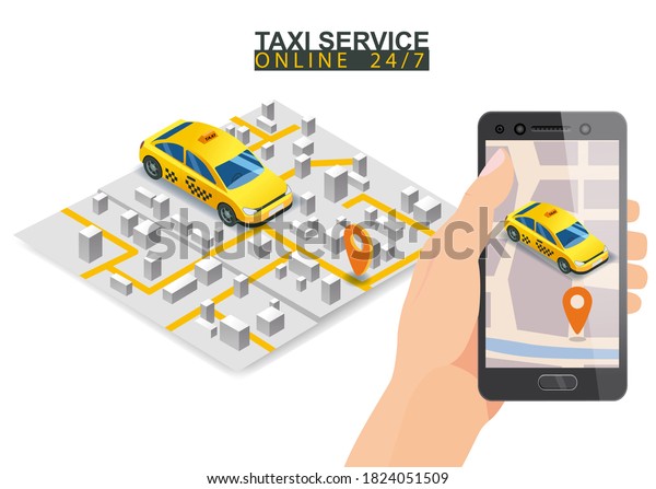 Taxi service isometric. Hand holding smartphone with\
city map route and points location yellow car. Taxi app on display.\
Online mobile application order taxi service. Vector illustration\
for taxi