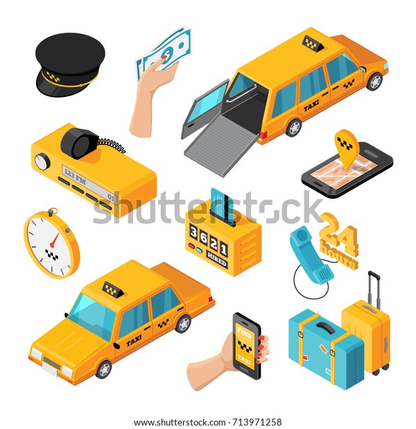 Taxi service isometric isolated icons set\
of different types of taxi cars mobile application for smartphone\
driver accessories vector illustration\
