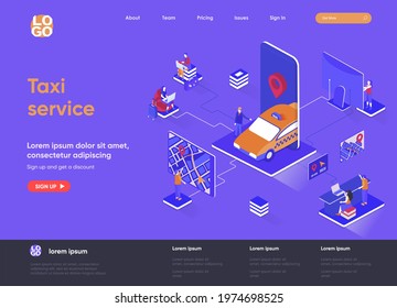 Taxi service isometric landing page. Web application for online taxi order, booking service, passenger transportation isometry web page. Website template, vector illustration with people characters.