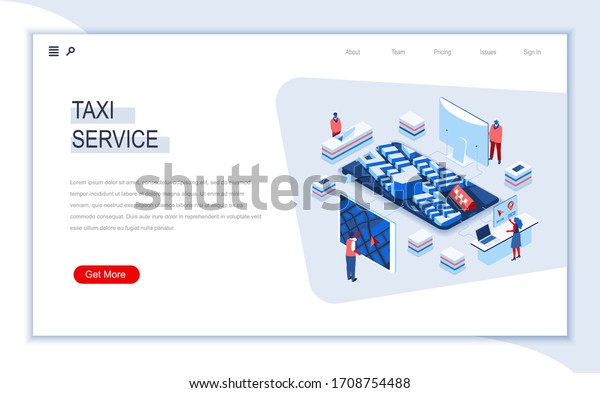 Taxi service isometric landing page. Web\
application for online taxi order, transfer service, passenger\
transportation. Digital technology and devices. Busy people in work\
situation 3d vector\
isometry