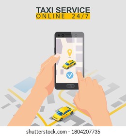 Servicio de taxi isométrico. Juego de plantillas de aplicación móvil de taxi. Smartphone con ruta de mapa de la ciudad y señala ubicación de coche amarillo. Servicio de taxi de pedidos de aplicaciones móviles en línea. Ilustración vectorial del servicio de taxi